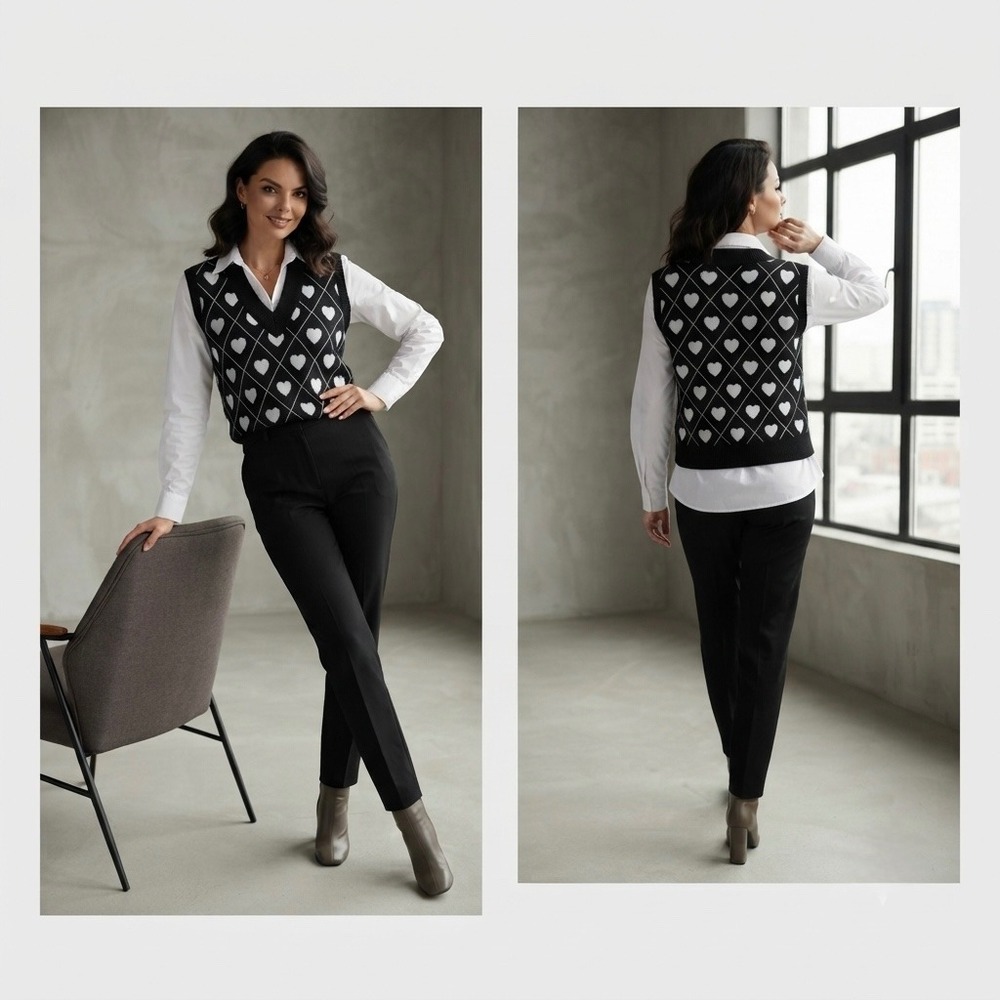 Sioni Womens Heart Argyle 2-in-1 Sweater Vest Layered Shirt Black White Medium
